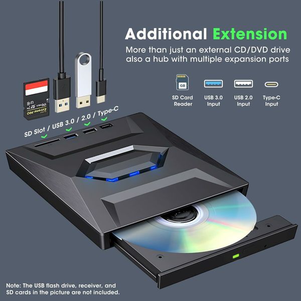 External CD Burner DVD +/-RW Drive with SD Card Reader and USB 3.0+2.0/Type-C Input Ports - Versatile  CD-ROM DVD Player Optical Drive for Laptops,PCs,Macs