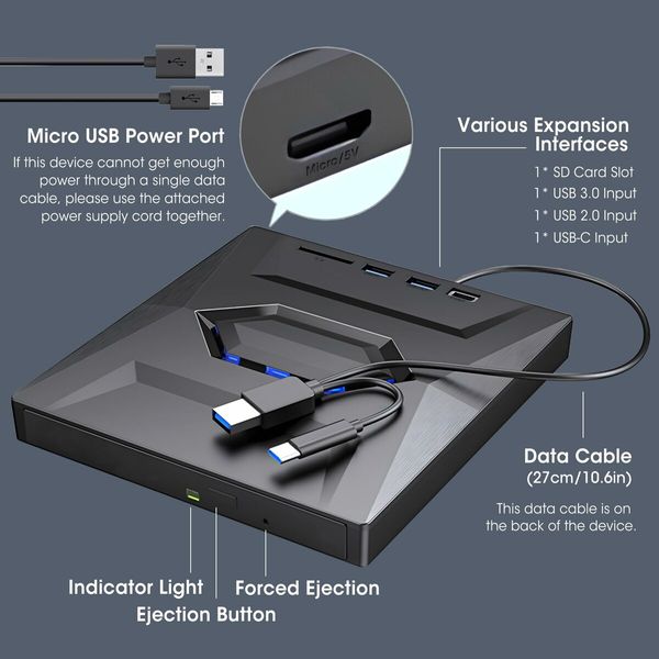 External CD Burner DVD +/-RW Drive with SD Card Reader and USB 3.0+2.0/Type-C Input Ports - Versatile  CD-ROM DVD Player Optical Drive for Laptops,PCs,Macs