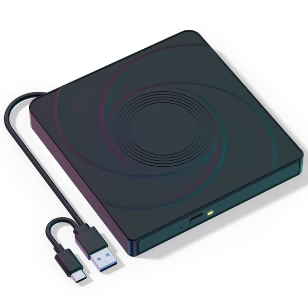 External USB 3.0 & Type-C CD/DVD Drive with Mute Burner,Portable CD DVD +/-RW Drive Optical Drive Players Readers for Laptops and Desktops