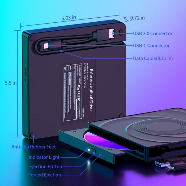 External USB 3.0 & Type-C CD/DVD Drive with Mute Burner,Portable CD DVD +/-RW Drive Optical Drive Players Readers for Laptops and Desktops