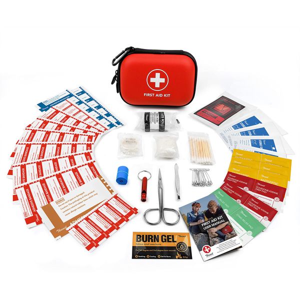 Compact First Aid Kit with 100 Essential Items for Emergencies,Water-Resistant Hard Shell Small Case Perfect for Travel,Outdoor,Car(Red)