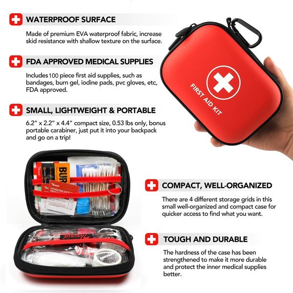 Compact First Aid Kit with 100 Essential Items for Emergencies,Water-Resistant Hard Shell Small Case Perfect for Travel,Outdoor,Car(Red)