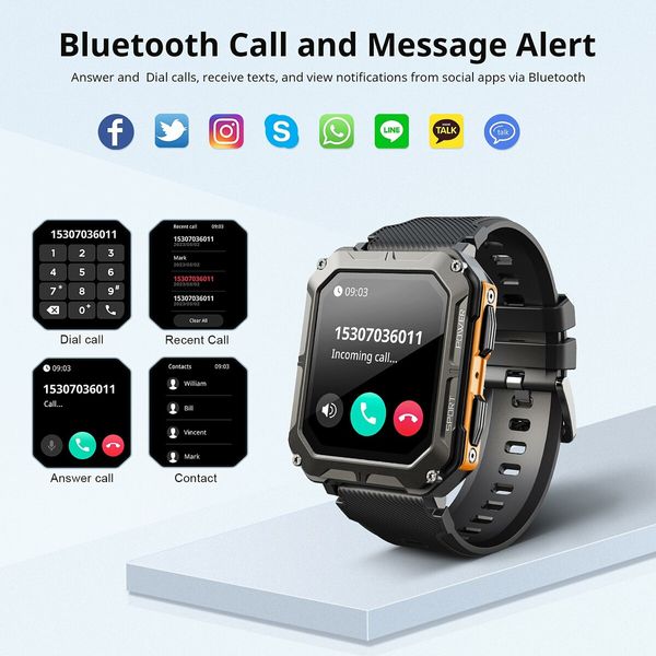 Outdoor Tactical Smartwatch with IP68 Waterproof,Bluetooth Calls,Fitness HeartRate Sleep Tracking,1.83" high-definition display,Compatible with both iOS and Android Smartphones