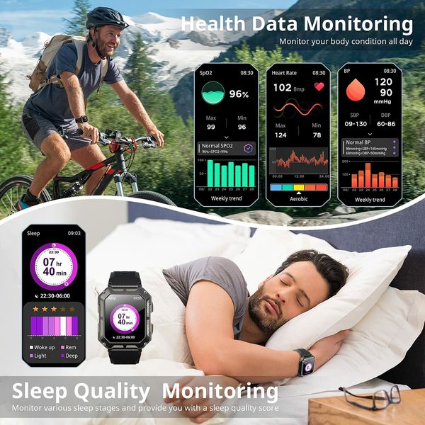 Outdoor Tactical Smartwatch with IP68 Waterproof,Bluetooth Calls,Fitness HeartRate Sleep Tracking,1.83" high-definition display,Compatible with both iOS and Android Smartphones