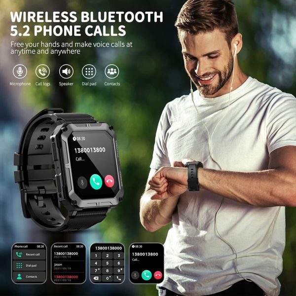 Outdoor Tactical Smartwatch with IP68 Waterproof,Bluetooth Calls(Answer/Dial Calls),1.83" high-definition display,Compatible with both iOS and Android smartphones(Black)