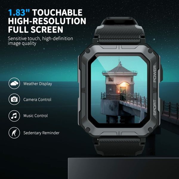 Outdoor Tactical Smartwatch with IP68 Waterproof,Bluetooth Calls(Answer/Dial Calls),1.83" high-definition display,Compatible with both iOS and Android smartphones(Black)