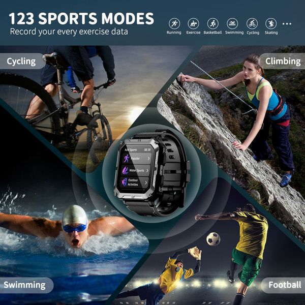 Outdoor Tactical Smartwatch with IP68 Waterproof,Bluetooth Calls(Answer/Dial Calls),1.83" high-definition display,Compatible with both iOS and Android smartphones(Black)