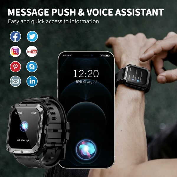 Outdoor Tactical Smartwatch with IP68 Waterproof,Bluetooth Calls(Answer/Dial Calls),1.83" high-definition display,Compatible with both iOS and Android smartphones(Black)