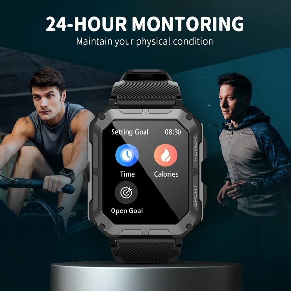 Outdoor Tactical Smartwatch with IP68 Waterproof,Bluetooth Calls(Answer/Dial Calls),1.83" high-definition display,Compatible with both iOS and Android smartphones(Black)