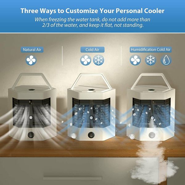 Low Noise Mini Air Conditioner Fan Portable Air Cooler with 3 Modes and Dual Water Tank Humidifier for Home and Office