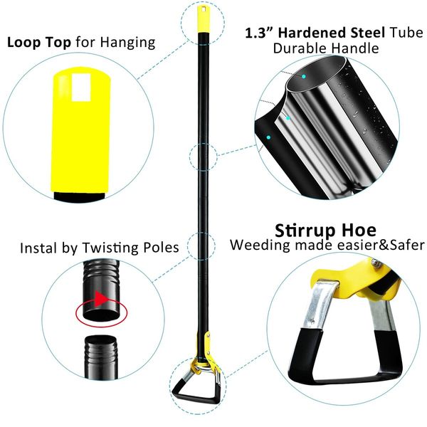 Heavy-Duty Weeding Loop Stirrup Hoe: 30-70 Inch Adjustable Long Handle for Comfortable Gardening