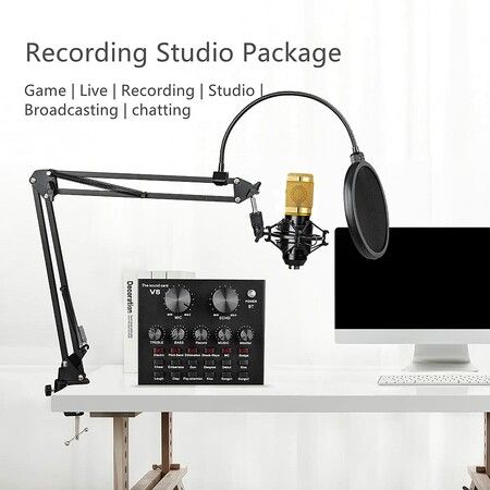 Livestream Mic Podcast Microphone Bundle with Sound Card, Adjustable Shock Mount, and Gold Finish