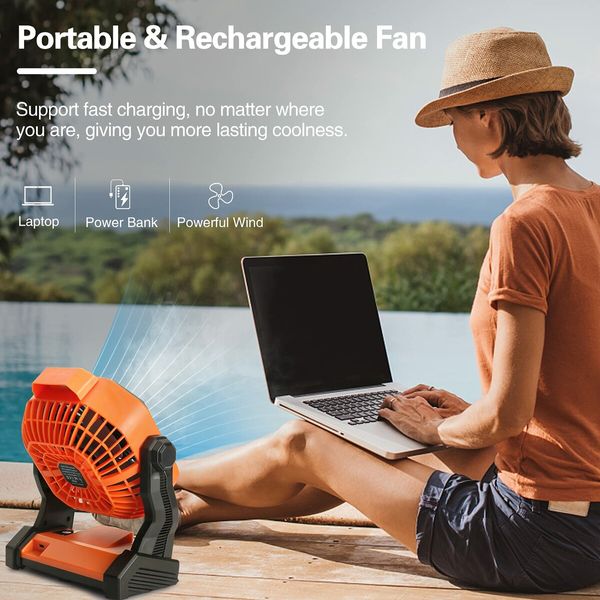 Rechargeable Portable Camping Fan with LED Lantern and Hanging Hook, Quiet Operating Orange