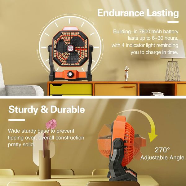 Rechargeable Portable Camping Fan with LED Lantern and Hanging Hook, Quiet Operating Orange