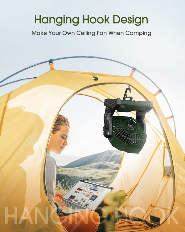 Portable Desk Fan with LED Lantern: Rechargeable, Quiet Camping Fan with Hanging Hook for Personal Cooling