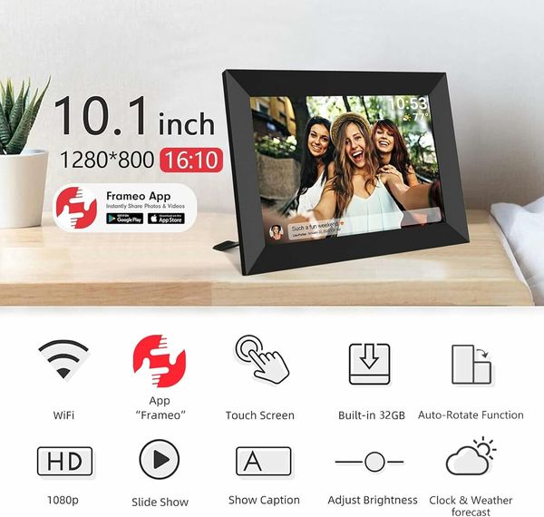 Smart WiFi 10.1-Inch Digital Photo Frame IPS LCD Touchscreen Auto-Rotate Portrait Landscape 16GB Memory Instantly Share Moments via Frameo App