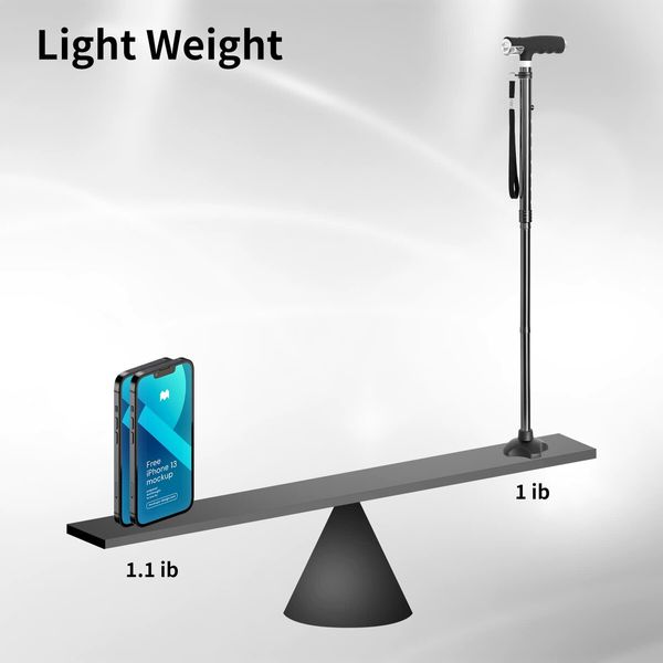 Folding Walking Cane Stick with 2 LED Lights and Quad Base for Stability(Black)