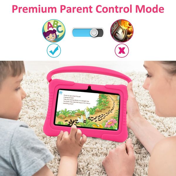 7 Inch Veidoo Kids Android Tablet with 1GB RAM 16GB ROM, Safety Eye Protection Screen, Parental Control APP, Silicone Case(Pink)