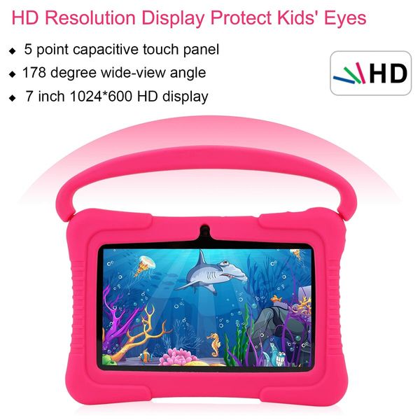 7 Inch Veidoo Kids Android Tablet with 1GB RAM 16GB ROM, Safety Eye Protection Screen, Parental Control APP, Silicone Case(Pink)