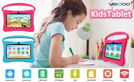 7 Inch Veidoo Kids Android Tablet with 1GB RAM 16GB ROM, Safety Eye Protection Screen, Parental Control APP, Silicone Case(Pink)