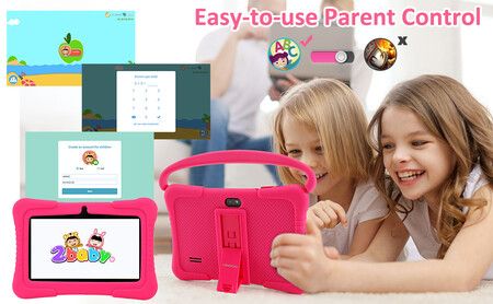 7 Inch Veidoo Kids Android Tablet with 1GB RAM 16GB ROM, Safety Eye Protection Screen, Parental Control APP, Silicone Case(Pink)