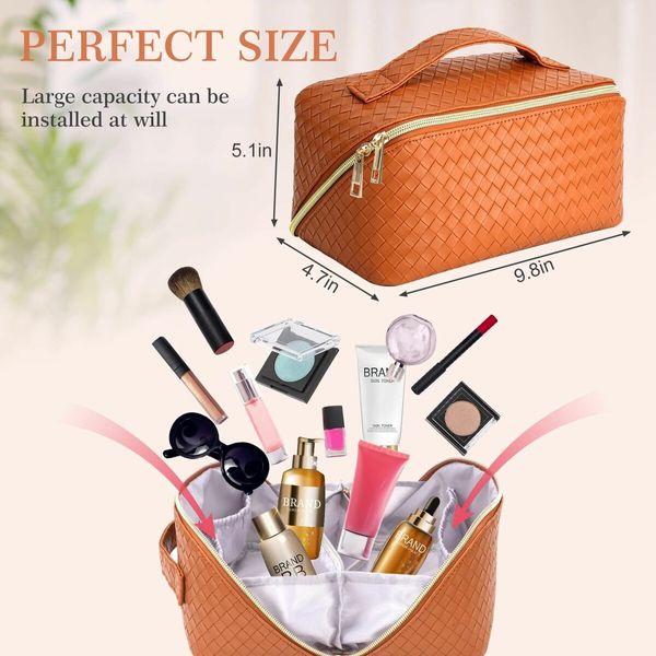 Large Capacity Travel Cosmetic Bag with Leather Finish, Waterproof Design, and Convenient Handle for Effortless Makeup and Beauty Storage on the Go (Orange)