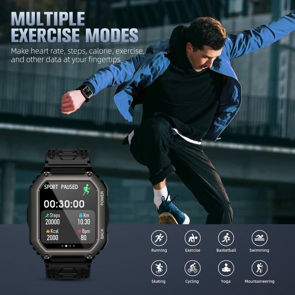 Rugged Tactical Smartwatch for Men: Bluetooth Calling, Fitness Tracking, Waterproof, Various Monitoring in a Tactial-Grade Design, compatital with Android and iPhone