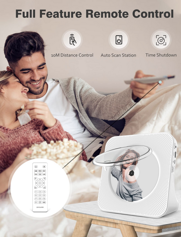 remote control Portable CD Player with BHiFi Speaker,LCD Display,Sleep Timer,Headphone Jack,Long-lasting 4000mAh battery,Supports CD/Bluetooth/FM Radio/U-Disk/AUX (White)