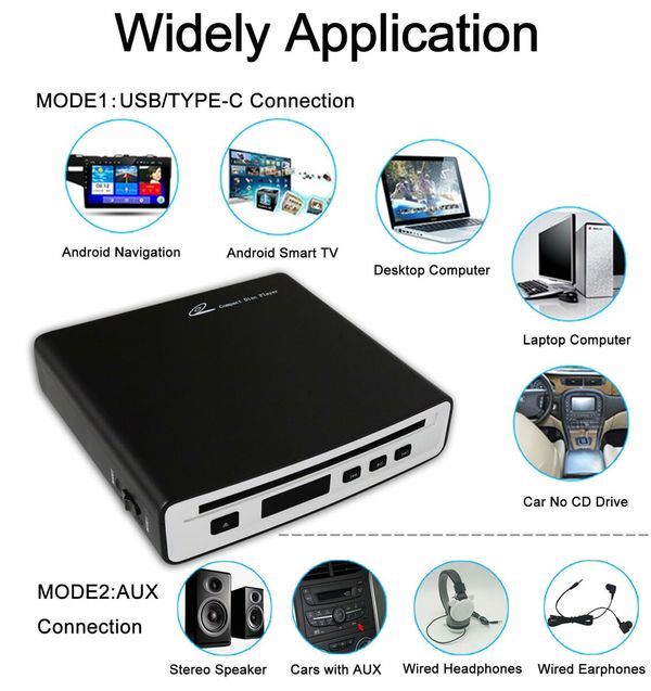 Portable External Universal CD/DVD Player with USB, Type-C, and AUX Ports for Seamless Connectivity in Cars, Laptops, and More (Model 3002)