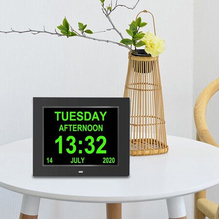 8-inch Digital Alarm Clock Desktop Clock with Digital Photo Frame and Calendar, Ideal for Seniors (Black)