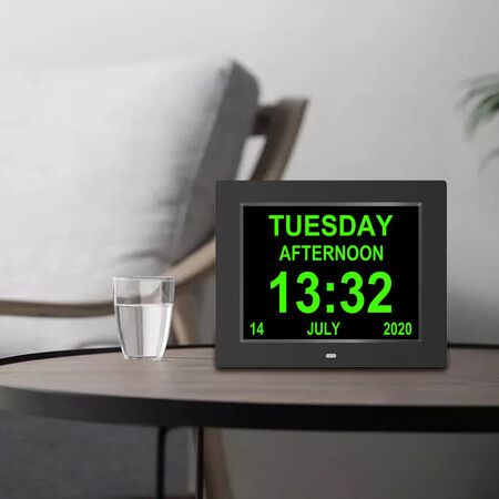 8-inch Digital Alarm Clock Desktop Clock with Digital Photo Frame and Calendar, Ideal for Seniors (Black)