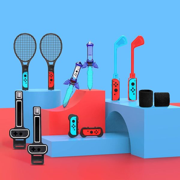 Complete Switch Sports Accessory Kit: 12 Items for Tennis Rackets,Sword Grips,Golf Clubs,Wrist Dance Bands & Leg Strap,Joy-con Wrist Band, Comfort Grip Case and Carrying Case