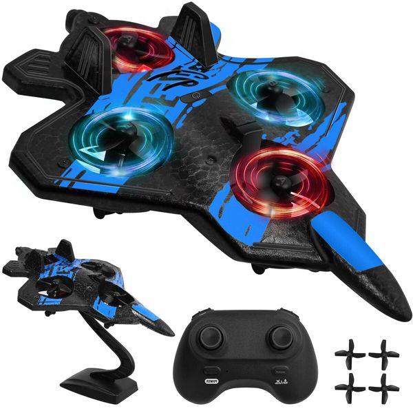 Beginner RC Airplane: 2.4GHz Jet Fighter with 3D Flips, Stunts, ABS,3D Flip and Cool Lights (2 Batteries Included, Blue)