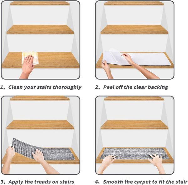 3-PC 76x20cm Non-Slip Stair Treads/PVC Carpet with Reusable Adhesive for Enhanced Safety