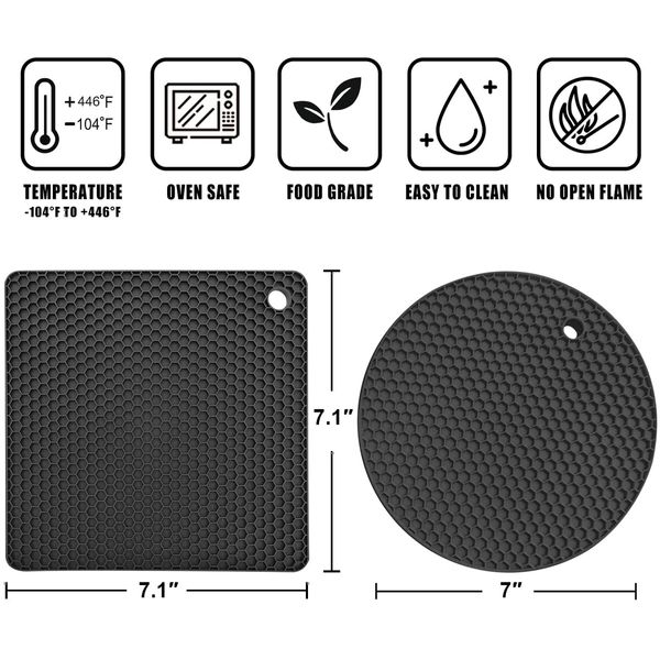 BPA Free Food Silicone Trivet Mats (4 Pack): Heat-Resistant, Multipurpose Non-Slip Hot Pads for Potholders, Hot Dishers, Jar Openers, and More (Black)