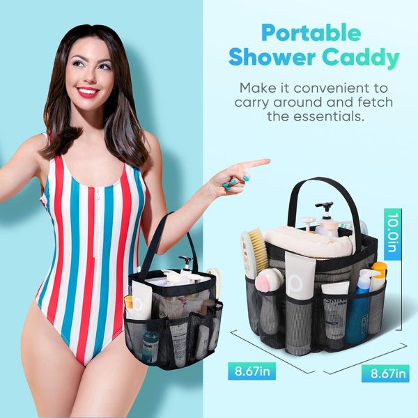 Portable Mesh Shower Caddy Dorm with Large Capacity,8 Pockets,Shower Bag for Beach,Swimming,Gym (Black)