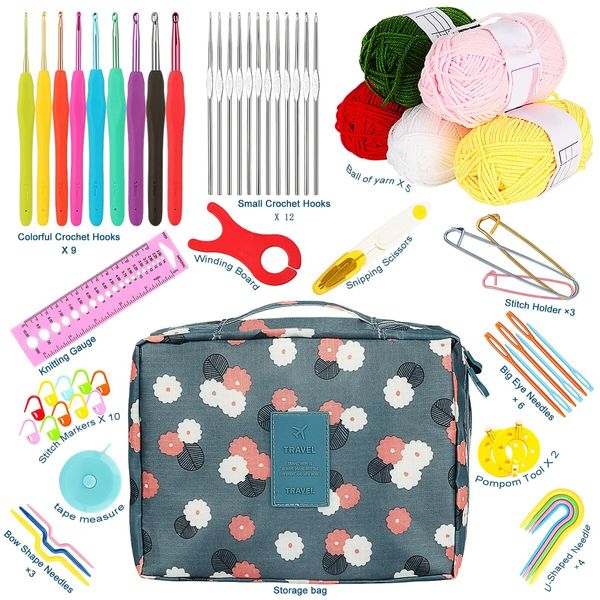 58-Piece Complete Crochet Kit Set with Yarn, Hooks, Ergonomic Soft Grip and Travel Case