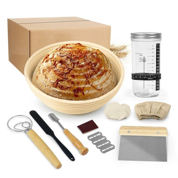 Complete Sourdough Bread Proofing Kit with 23cm round banneton basket & jar for convenient & successful bread making