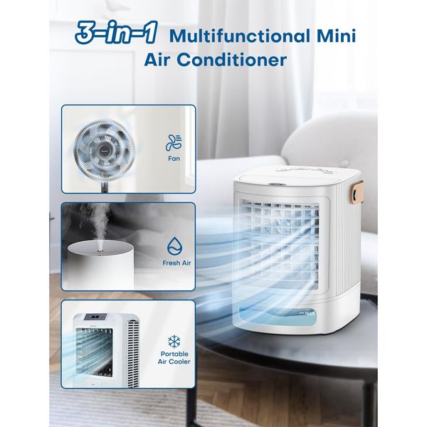 Mini Evaporative Air Cooler/Conditioner with 3-Level Humidification, 3 Speeds, and 7-Color Night Light for Bedroom Room Office