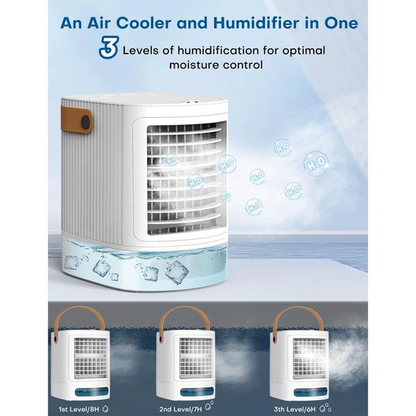 Mini Evaporative Air Cooler/Conditioner with 3-Level Humidification, 3 Speeds, and 7-Color Night Light for Bedroom Room Office