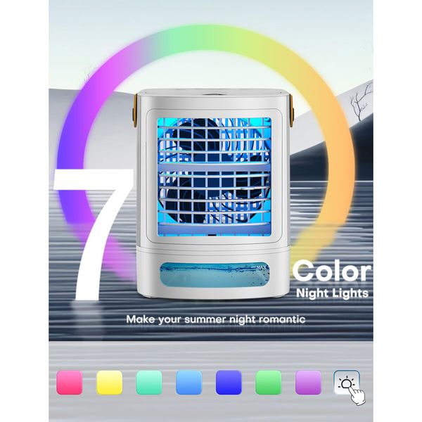 Mini Evaporative Air Cooler/Conditioner with 3-Level Humidification, 3 Speeds, and 7-Color Night Light for Bedroom Room Office