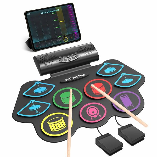 USB Power Portable Electronic Drum Set 9 responsive Drum Pad kit with Built-in Speaker,Headphone jack,Pedals,Sticks,Colorful design