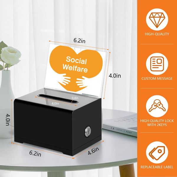 Clear Donation/Ballot/Raffle/Suggestion Box with Lock & Sign Holder, Transparent design(Black)