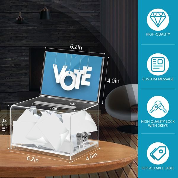 Secure Transparent Donation Box/Ballot Box/Suggestion Box/Raffle Box/Tip Jar with Lock 6.2" x 4.6" x 4.0" Compact size