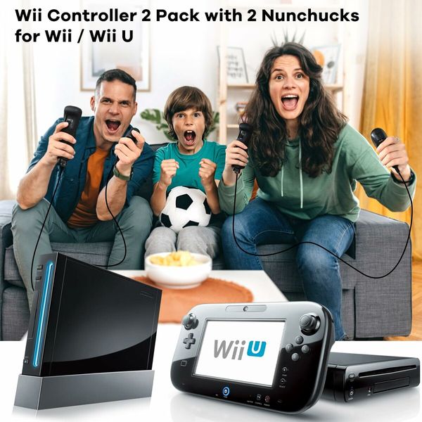 2-Pack Wii Controllers with Nunchucks, Built-In Speaker and Vibration: Enhanced Gaming Experience for Wii and Wii U (Black)