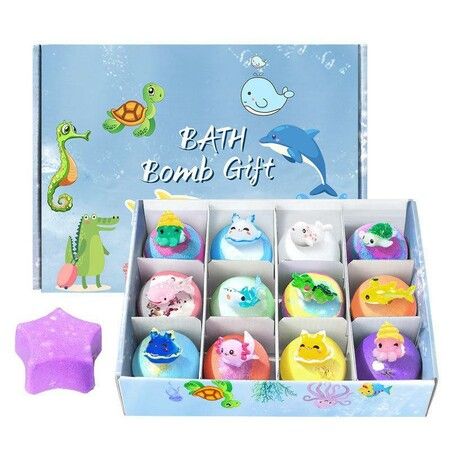 12-Pack Safe Handmade Fizzy Balls, Organic Bath Bombs with Surprise Toys Inside, Great for Gift