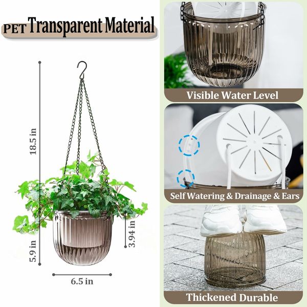 2-Pack 6.5 Inch Self-Watering Hanging Planters with 3 Hooks, Drainage Holes for Indoor and Outdoor Use (Grey)