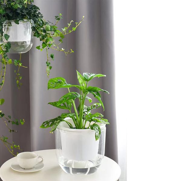 2-Pack Transparent Self-Watering Hanging Planters with 3 Hooks, Drainage Holes for Indoor and Outdoor Use