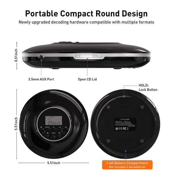 Compact and Durable Portable CD Player for Kids and Seniors: Music Player with Anti-Skip and Shockproof Protection(Black)