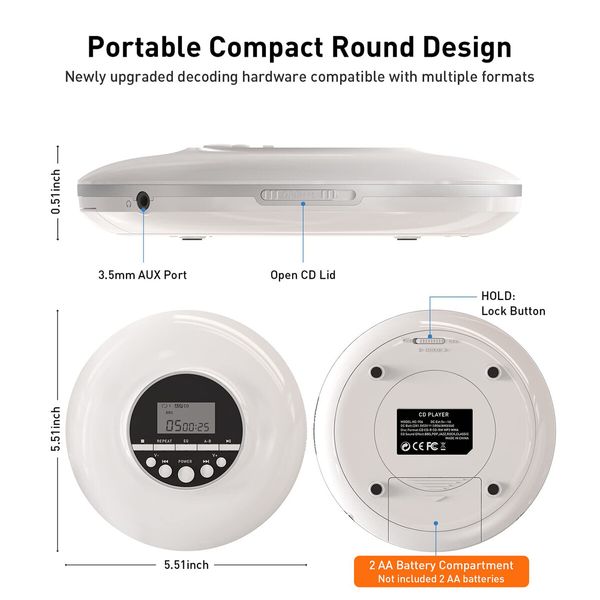 Portable Walkman CD Player for Kids and Seniors: Compact Disc Player with Anti-Skip, Shockproof, and Headphone Jack(White)